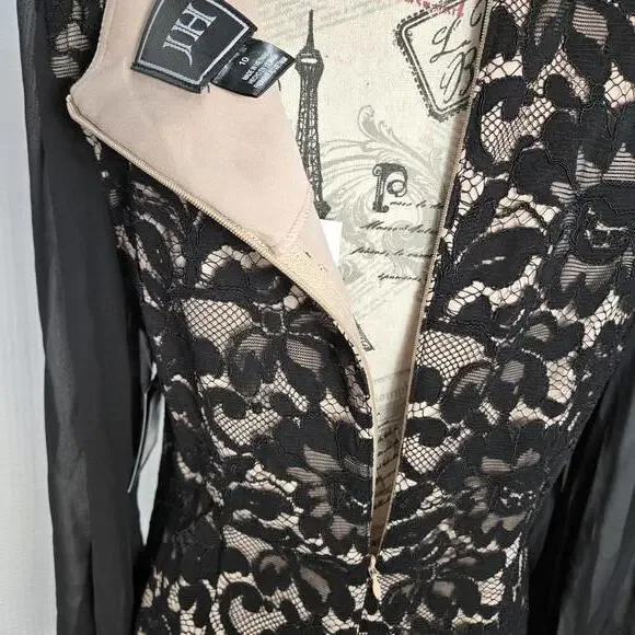 Jessica Howard JH Women's Size 10 Black Lace Shift Dress Lined Sheer Sleeves NWT - Picture 4 of 9